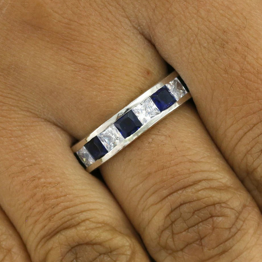 Women's Elegant Titanium Steel Ring with Blue Synthetic Cubic Zirconia